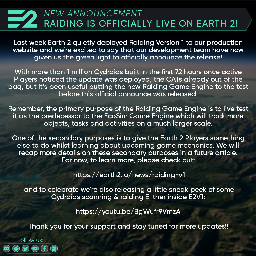 Raiding is officially live on Earth 2!

Last week Earth 2 quietly deployed Raiding Version 1 to our production website and we’re excited to say that our development team have now given us the green light to officially announce the release!

Please read o…