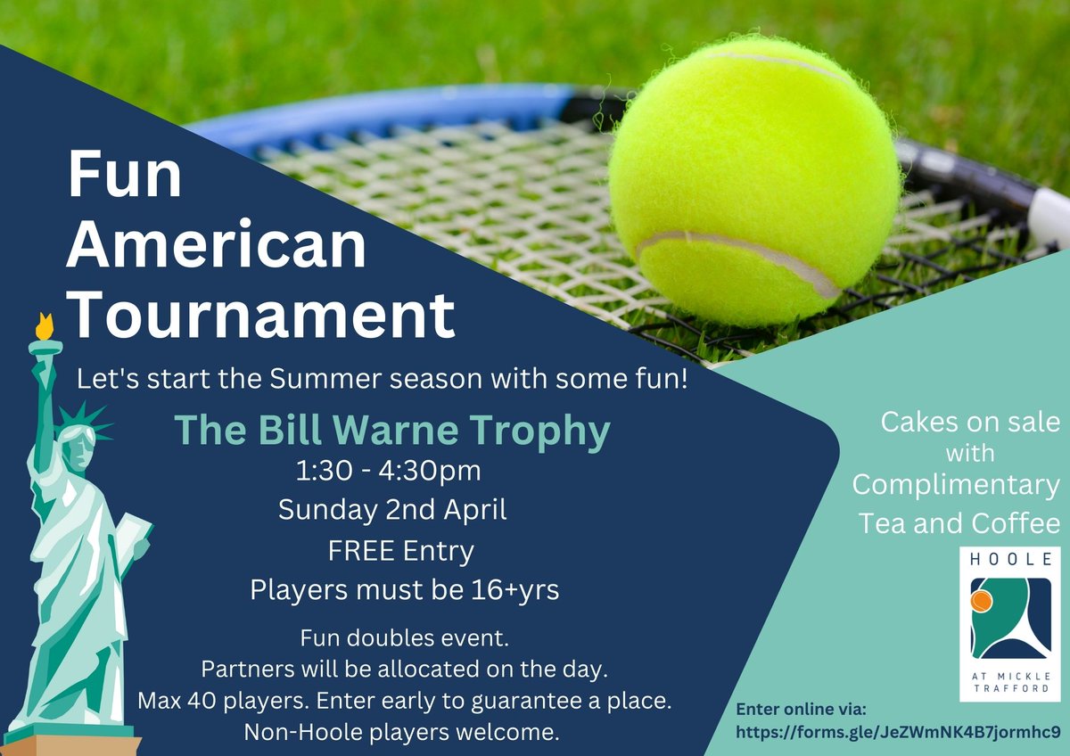 Sunday 2nd April - We're kicking off the Summer Season with a Fun Doubles American Tournament 🏆

Sign up:  forms.gle/JeZWmNK4B7jorm…