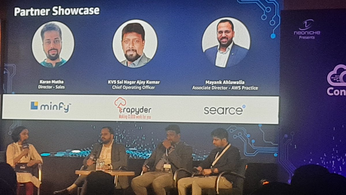 manojvchawla's tweet image. #awscloudconnect
AWS Partner Pannelist are Karan Mutha, Director Sales from Minfy, KVS Sai Nagar Ajay Kumar, COO from Rapyder and Mayank Ahluwalia Assoc director AWS Practice from Search and being moderated by AWS Representative