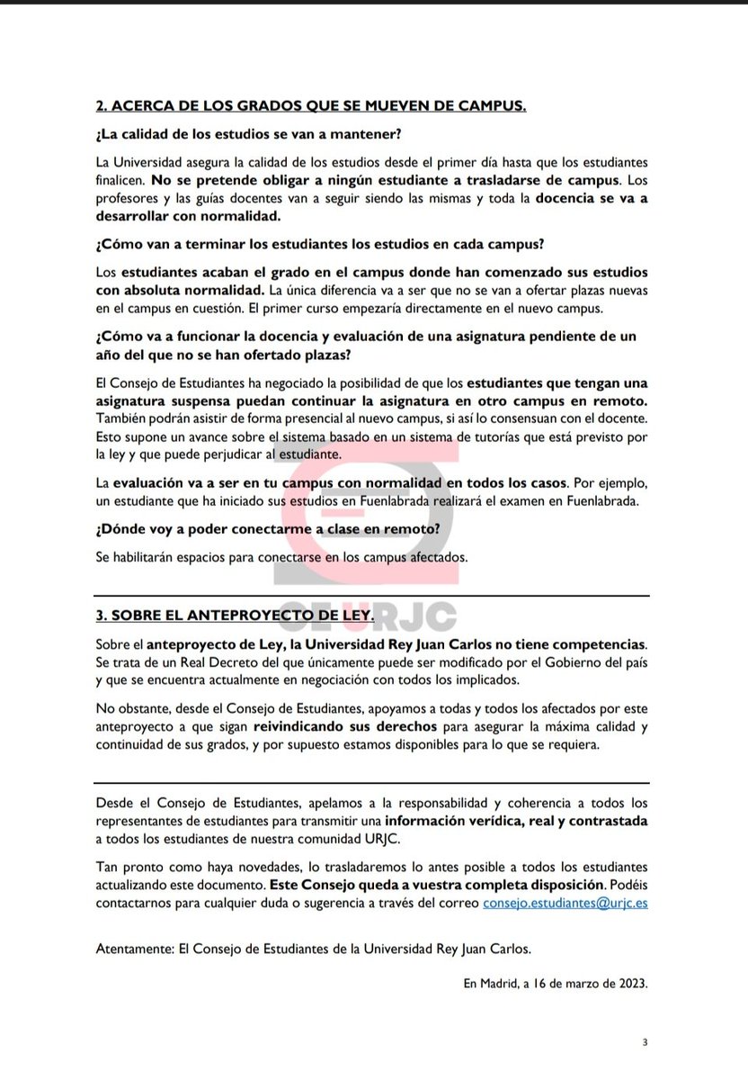 📣COMUNICADO OFICIAL DEL CONSEJO DE ESTUDIANTES DE LA UNIVERSIDAD REY JUAN CARLOS 📣

Esperamos que este comunicado sirva para aclarar y despejar cualquier duda respecto a la información que se ha estado difundiendo estos días.

En el CEURJC estamos por y para el estudiantado.