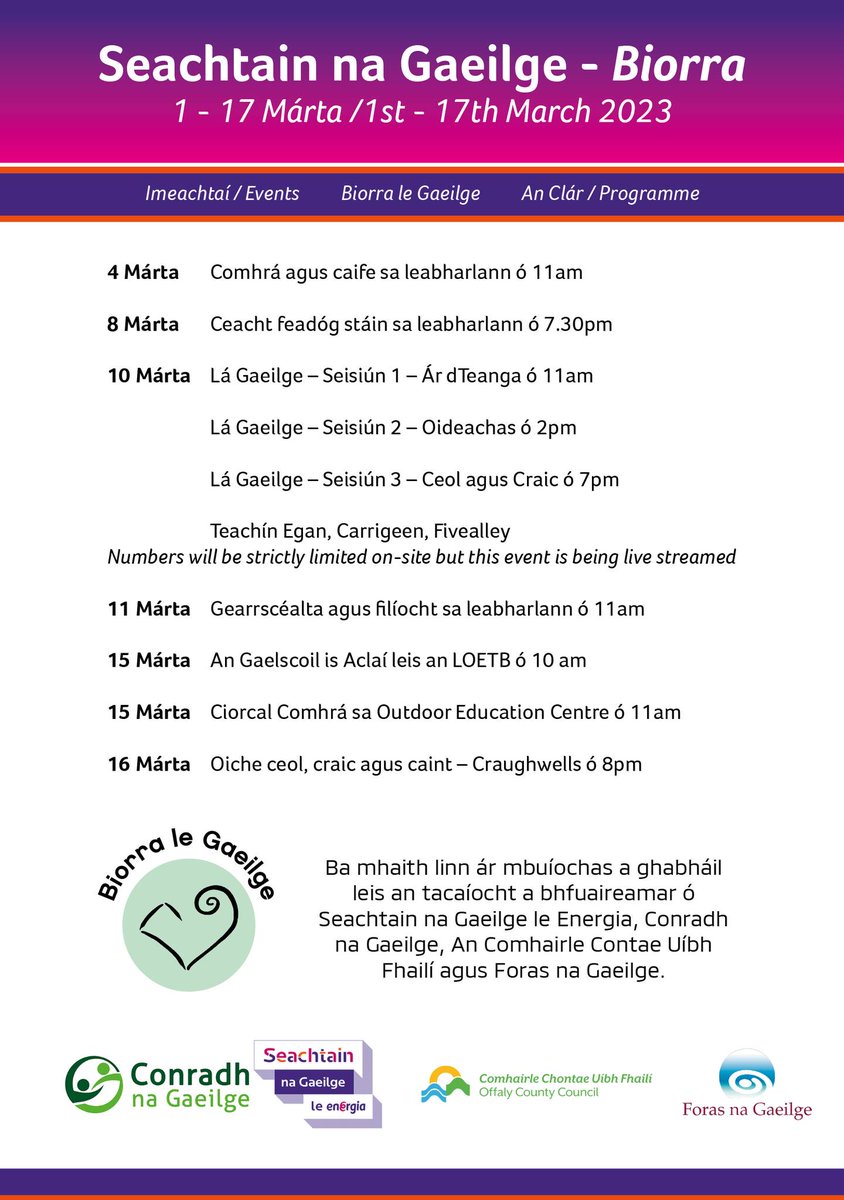 offalycoco's tweet image. Bígí linn! #SnaG2023 #UíbhFhailí  

Anocht ar 16ú Márta: 
Oiche, ceol, craic agus caint - Craughwells ó 8pm 

💚🤍💛 le Biorra le Gaeilge #teanga #grá

@offaly_ppn @OffalyLibraries