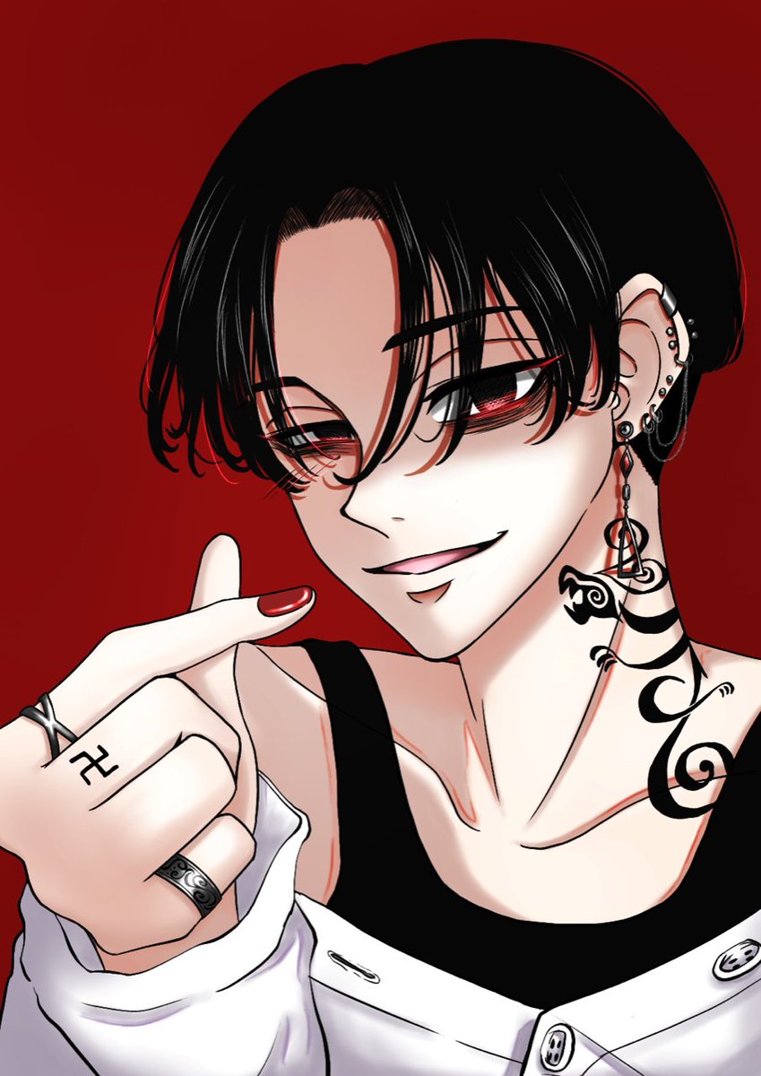 jewelry 1boy tattoo black hair male focus solo red background  illustration images