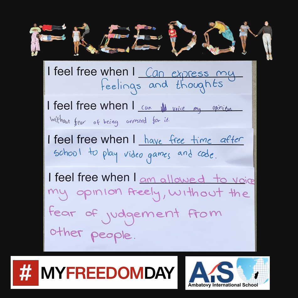 AmbatovyIS's tweet photo. Ambatovy International School in Madagascar supports #MyFreedomDay by reflecting on "I feel free when I..." May freedom ring everywhere for everyone around the world! #issedu #intled #thecgcproject #Ambatovyiseducation #Madagascar #freedom4all @ISSCommunity https://t.co/p3vVXG0A0S