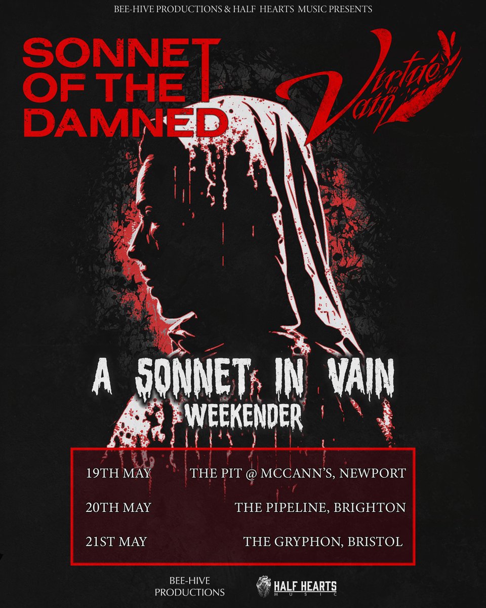 🚨TOUR ANNOUNCEMENT 🚨

We head out in May on the 'A SONNET IN VAIN' tour 

Make sure you come down to a date near you.

Tickets:  streamlink.to/VirtueInVain

 #virtueinvain #VIV #metalcore #Supportyourlocalscene #Metal #Tour #deathcore #progressivemetalcore #heavymetal #hardcore