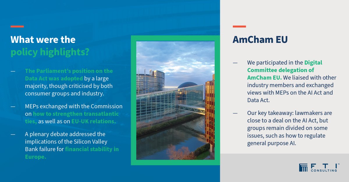 FTIconsultingEU's tweet image. What were the main takeaways from this week’s #Strasbourg plenary? Check out the top policy highlights and recommendations from our first group experts on the ground in 2023 #AIAct #DataAct #TransatlanticTies #FinancialStability