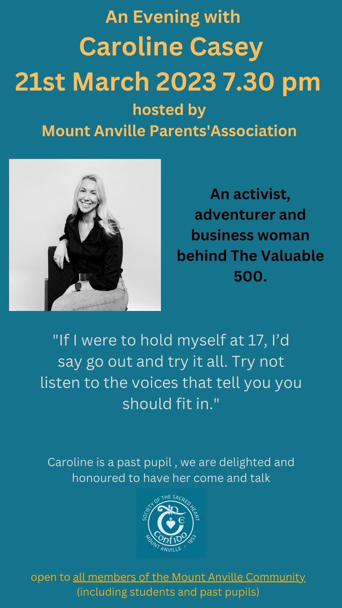 Past pupil, social entrepreneur, adventurer and activist Caroline Casey will be in Mount Anville to give a talk next Tuesday at 7.30pm.  All welcome. RSVP forms.office.com/e/23FkbQuwr8
Read more about this extraordinary past pupil here:
herstory.ie/today/2022/8/5…