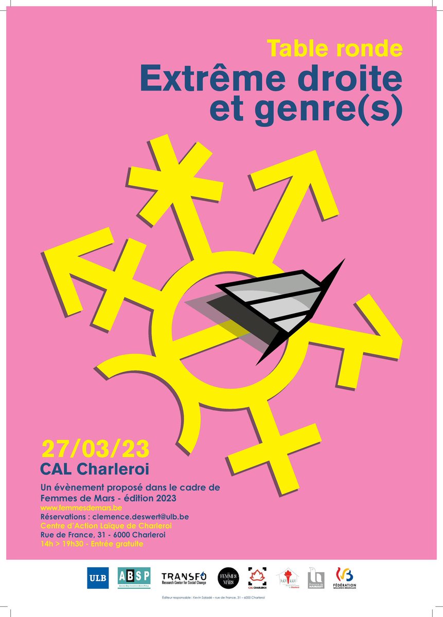 [Activité] 📣Le 27 mars prochain aura lieu la table ronde « Extrême droite et genre(s) ». Cet évènement est coorganisé par <a href="/TRANSFO_ULB/">TRANSFO - Research Center for Social Change</a>, <a href="/scpo_be/">ABSP</a>  ainsi que le <a href="/calcharleroi/">CALCharleroi</a> 
👉Plus d'infos et programme : cal-charleroi.be/table-ronde-ex…
✅ Réservation par mail : clemence.deswert@ulb.be