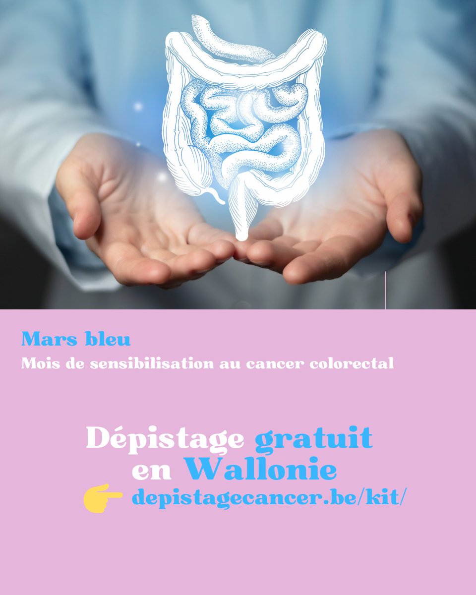 👉Le #cancer colorectal est un des plus fréquents en Belgique. 
🙌 Le détecter tôt permet une guérison dans 9 cas sur 10 ! 
Des dépistages gratuits sont mis en place en #Wallonie pour les 50-74 ans. 
Plus d'infos 👇👇👇
depistagecancer.be/kit 
#marsbleu