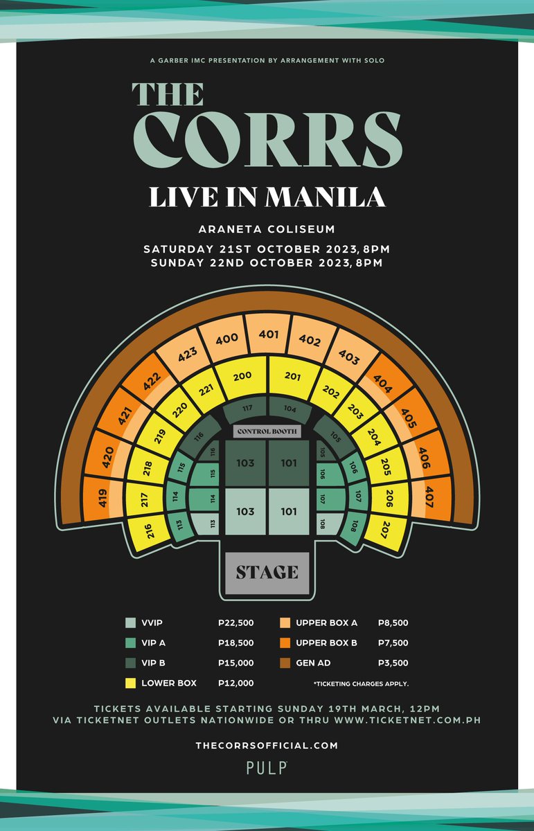 Iconic Irish hitmakers The Corrs is coming to Manila! Happening on October 21-22, 2023 at the <a href="/TheBigDome/">SmartAranetaColiseum</a>

🎟 Tickets on sale start on March 19, 12 noon at all TicketNet outlets or online

READ:
💻 bit.ly/thecorrsmnl2023

#TheCorrsinMNL2023 is presented by <a href="/pulpliveworld/">PULP Live World</a>
