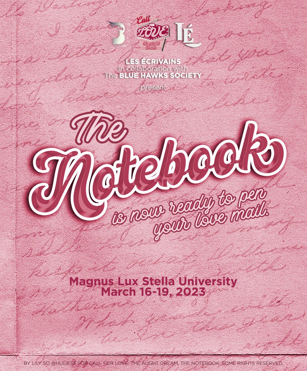ㅤ

You are the masterpiece I stare at all day, the love letter I desire to pen in a certain way!

LES ÉCRIVAINS, in collaboration with The BLUE HAWKS SOCIETY, present:

THE NOTEBOOK

Submit your piece at the Call for Love: The Aught Dream (<a href="/CFLTAD/">CALL FOR LOVE: The Aught Dream</a>) from March 16 to 19, 2023!

ㅤ