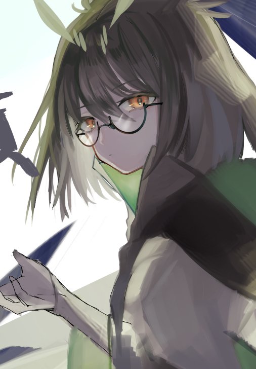 silence (arknights) 1girl solo glasses brown hair looking at viewer feather hair white background  illustration images