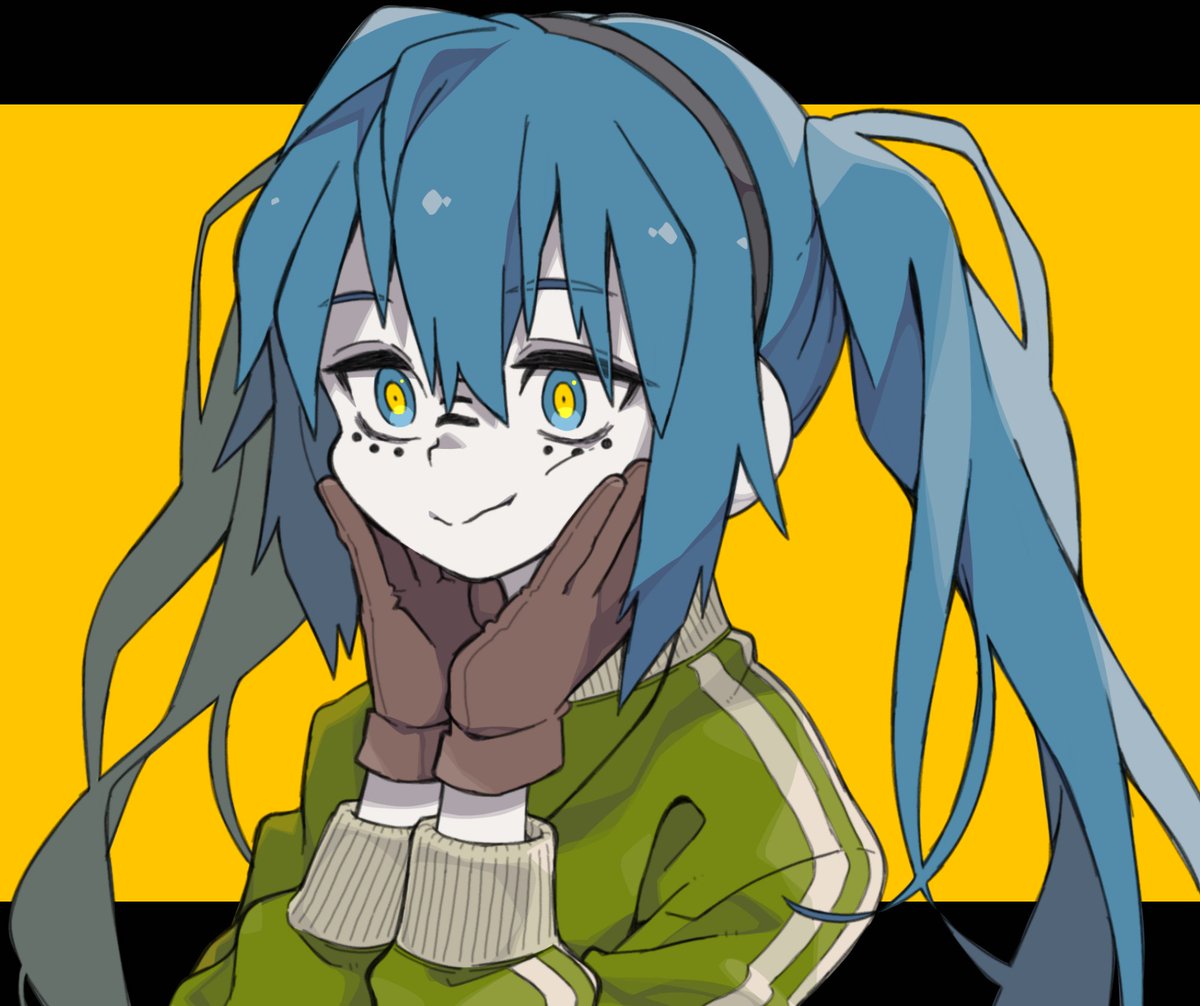 hatsune miku 1girl twintails gloves green jacket solo jacket hands on own face  illustration images