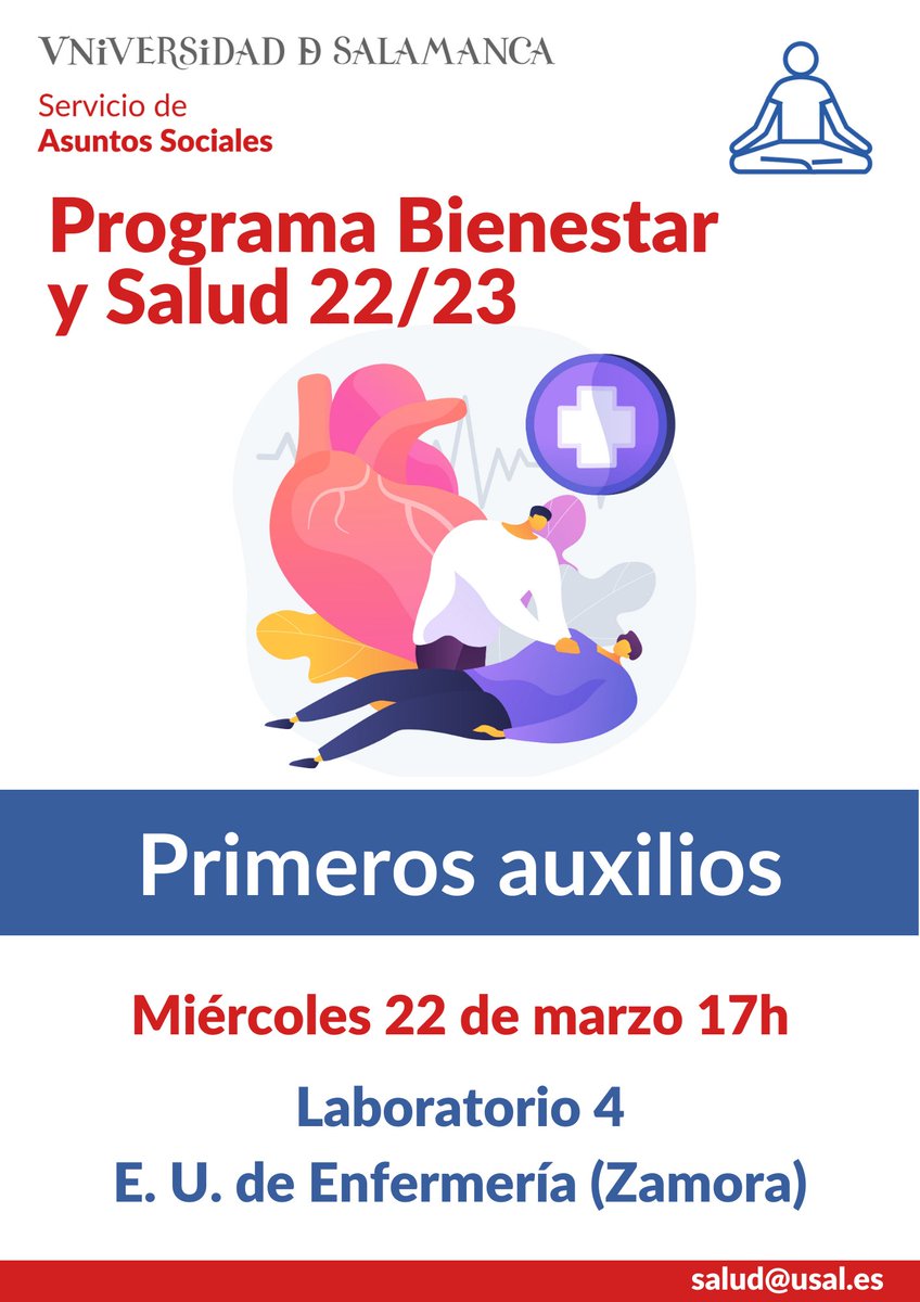 📆 Esta semana tendrá lugar un taller de
primeros auxilios, en el que aprenderemos cómo
atender a una víctima en caso de accidente o
situaciones similares.

📍 La sesión tendrá lugar en <a href="/EnfermeriaZA/">E.U. de Enfermería de Zamora</a>.

¡Os esperamos! 😉