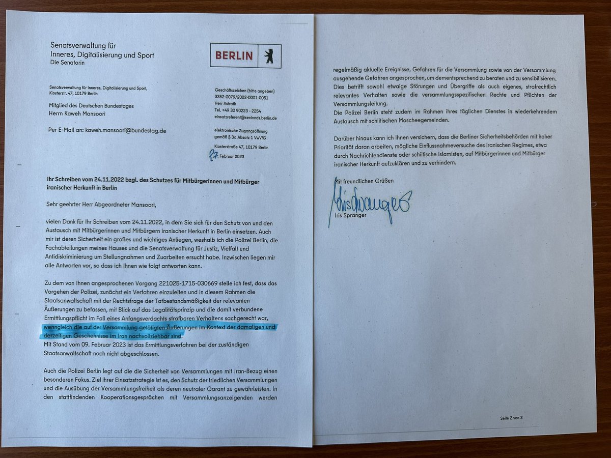#khamenei_ir ist ein Mörder. Innensenatorin Berlin findet die Aussage im Kontext „nachvollziehbar“.

Wer sich für Menschenrechte und gegen Diktaturen einsetzt, sollte das Recht hinter uns nicht gegen sich wissen. 

Ich bleibe an dem Fall dran.

#iranrevolution #mahsaamini