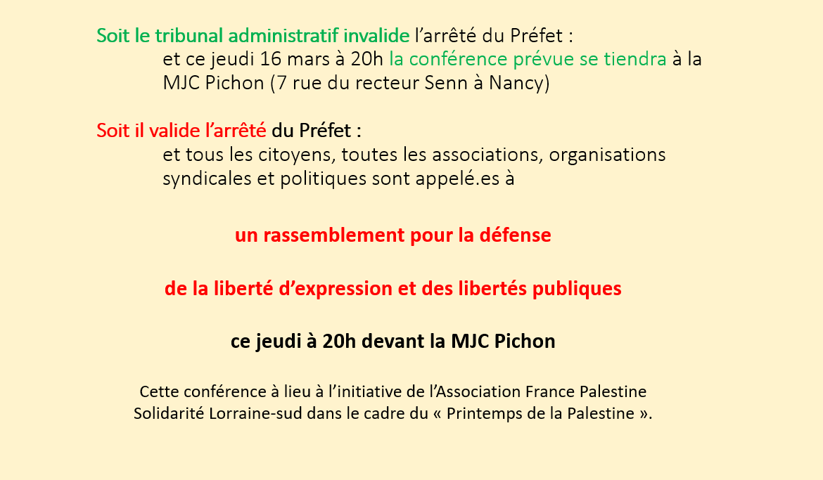 LDHNANCY1's tweet photo. Arrêté d’interdiction par le #préfet54 de la conférence débat de ce soir avec Salah #HAMOURI à Nancy. La LDH a déposé un référé-liberté.
Audience ce jour à 14h au tribunal administratif de Nancy. https://t.co/4nmn2WIeKl