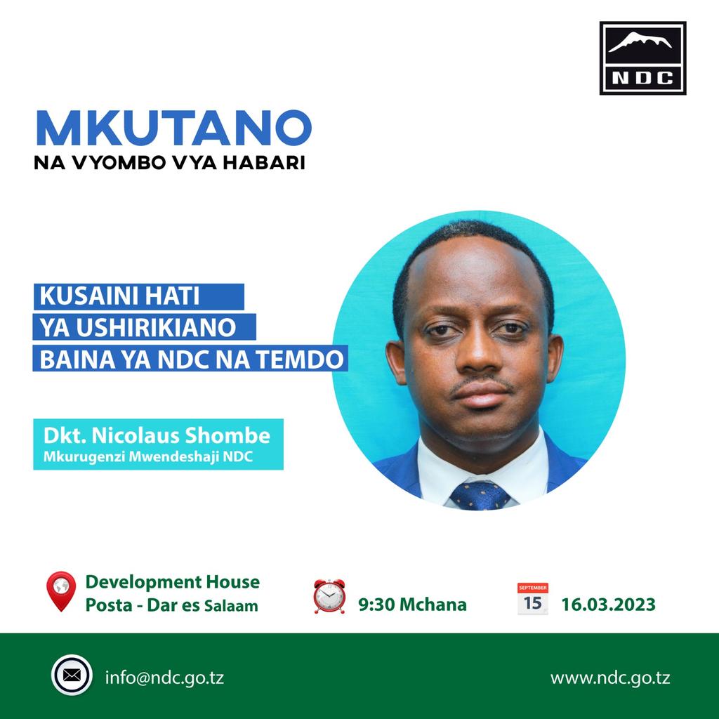 ndctanzania's tweet photo. M K U T A N O N A W A A D I S H I W A H A B A R I
Shirika la Taifa la Maendeleo (NDC) x Taasisi ya Uhandisi na Usanifu wa Mitambo (TEMDO).
📅 16th March 2023
⏰️ 1530 Hrs
📍 Development House, Posta - Dar es Salaam.
#ndc #temdo #kmtc #taasisiyauhandisinausanifumitambo https://t.co/0r2FdFwDiK