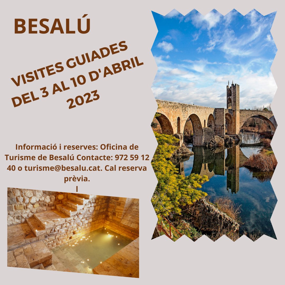 Besalú Turisme (@besalu_turisme) on Twitter photo Aquesta Setmana Santa no et perdis les visites guiades a #Besalú
Més informació i reserves: Oficina Municipal de Turisme. Telèfon: 972 59 12 40.
👉Descobreix el Besalú Medieval
👉Un passeig pel call
#SetmanaSanta2023
<a href="/turismecat/">Turisme</a>
<a href="/costabrava/">Costa Brava Pirineu</a>
<a href="/turismegarrotxa/">Associació Turisme Garrotxa</a>
<a href="/viatgecatalunya/">Viatge per Catalunya</a> Aquesta Setmana Santa no et perdis les visites guiades a #Besalú
Més informació i reserves: Oficina Municipal de Turisme. Telèfon: 972 59 12 40.
👉Descobreix el Besalú Medieval
👉Un passeig pel call
#SetmanaSanta2023
<a href="/turismecat/">Turisme</a>
<a href="/costabrava/">Costa Brava Pirineu</a>
<a href="/turismegarrotxa/">Associació Turisme Garrotxa</a>
<a href="/viatgecatalunya/">Viatge per Catalunya</a>