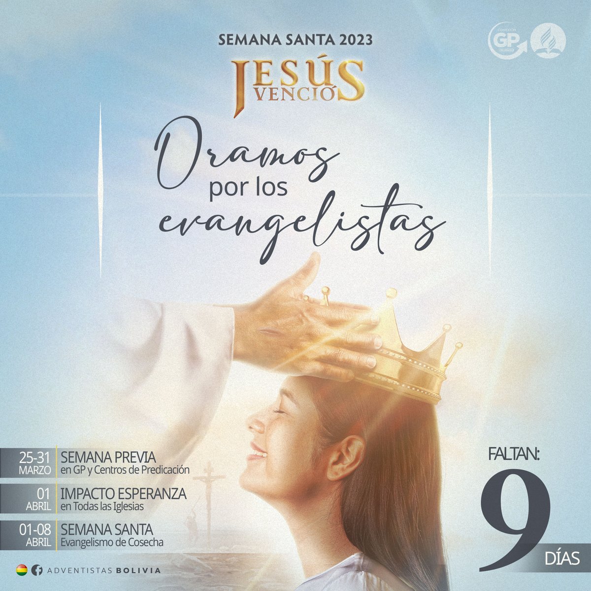 #SemanaSanta2023 | Faltan 9️⃣ Días
🙏🏽Hoy oramos por los evangelistas.
Ya llegan las campañas de Semana Santa con el lema "Jesús venció", toma en cuenta las siguientes fechas:
➡25/03 - 31/03 Semana Previa
➡01/04 - Impacto Esperanza
➡01/04 - 08/04 Semana Santa