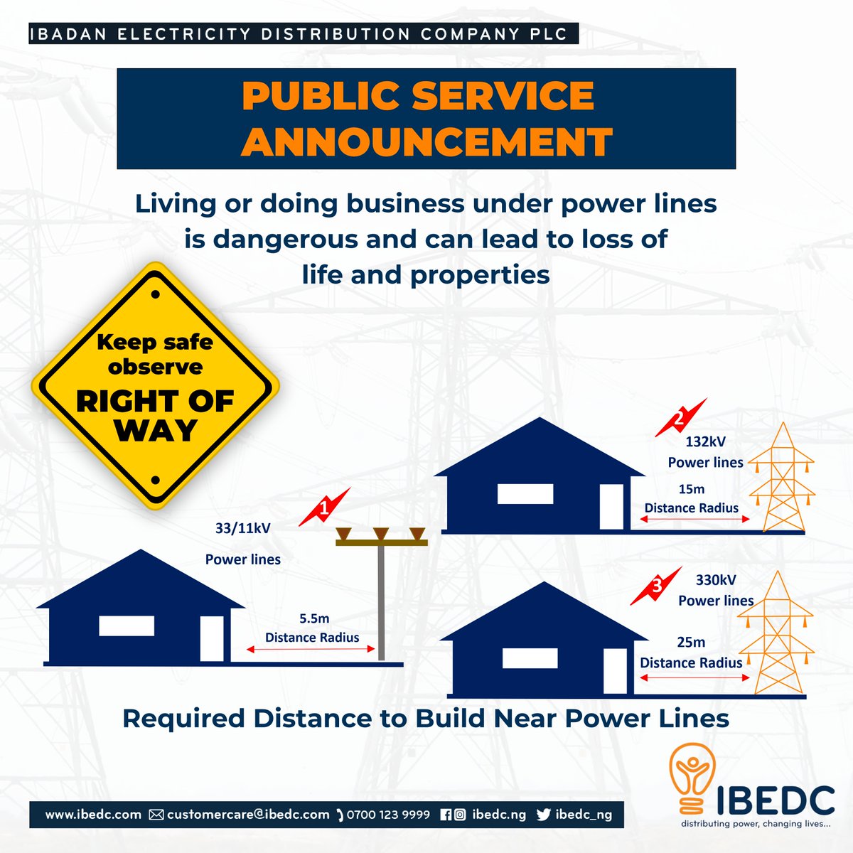 IBEDC_NG's tweet photo. Remember: Keep Safe! Observe RIGHT OF WAY
#ibedc #shopowners #electricity #electricitysafety #safety #homes #houses #realestate #ibadan #ogun #osun #kwara #distributingpower #changinglive https://t.co/99lwjk5x1G