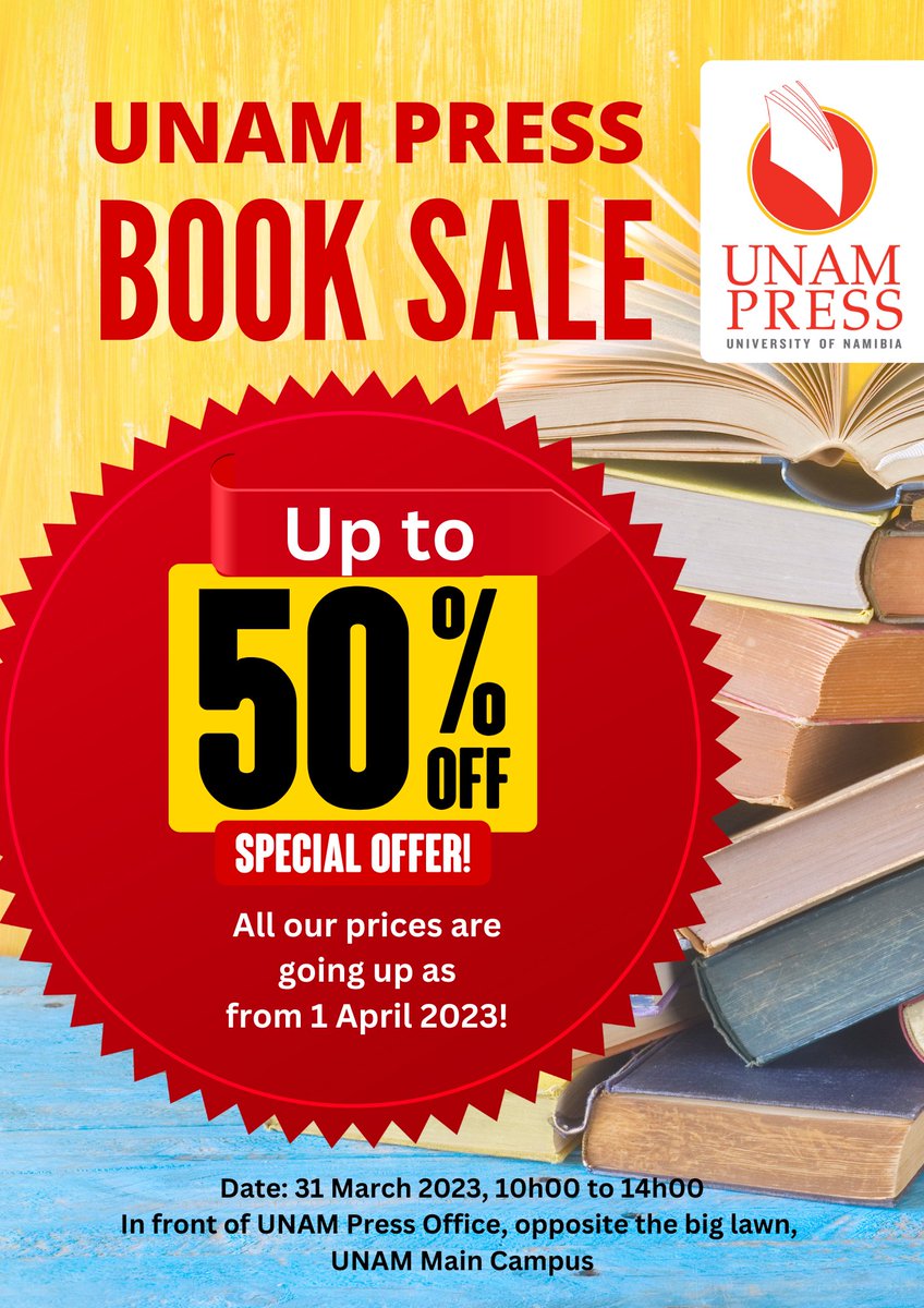 Huge discounts and irresistible deals!
Our prices are going up as from 1 April, come buy at discounted prices on 31 March, from 10h00 to 14h00 in front of our office opposite the big lawn, UNAM Main campus.