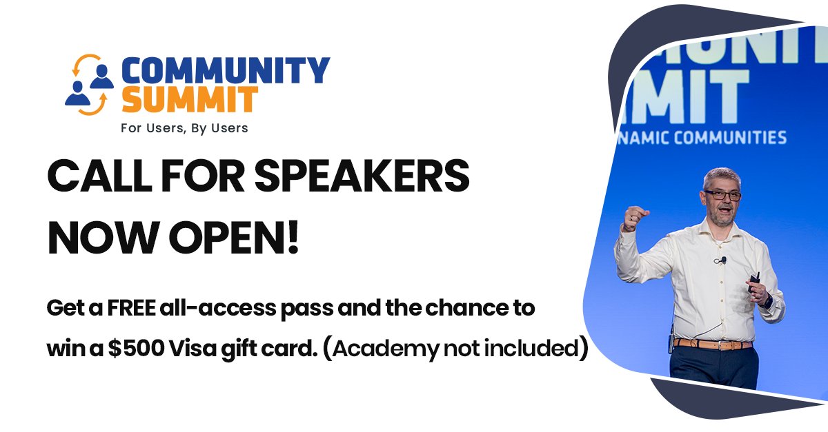 D365Communities's tweet photo. Do you want to attend Community Summit North America 2023 for free?
Share your “for user, by user” insights in the 500+ educational sessions across #CRMUG #PPUG #GPUP #D365UG #BCUG #NAVUG #AXUG #FOUG
Submit by March 31st!
https://t.co/F26pSFMg5y
#mysummitna https://t.co/TqGLQDHRhG