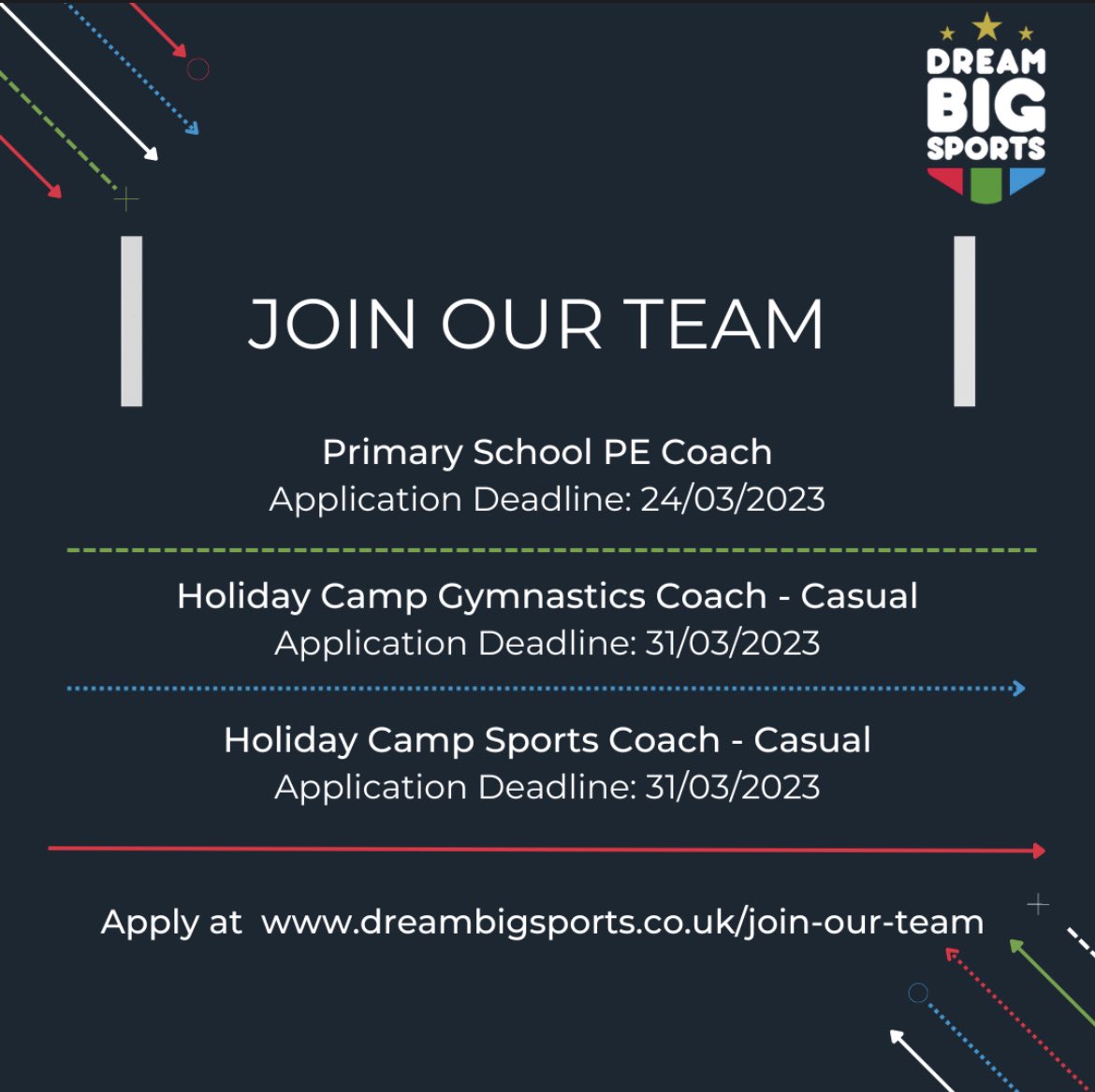 ⭐️ We’re Hiring ⭐️

Are you looking for a new #coaching role? 

To view all details and to apply, please visit: dreambigsports.co.uk/join-our-team

#JobAlert #jobopportunity #ManchesterJobs #coachingjobs #TeamDreamBig⭐️