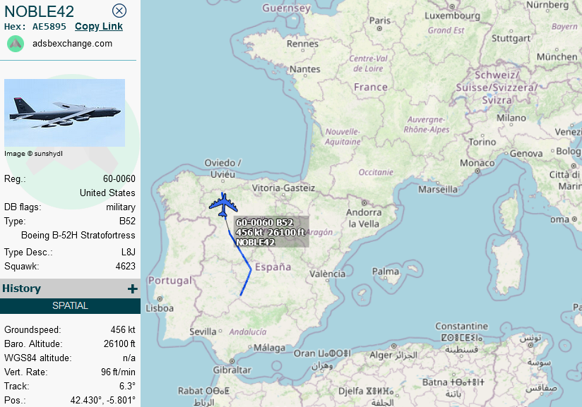 SirListenalot's tweet photo. #B52('s) #AE5895 as #NOBLE42 (plus 41?) out of Morón likely heading for AR in AARA-3 with #KC135's #AE04EB #AE07A3 as #LAGR41-42 out of Spangdahlem https://t.co/JbQszGsv6y