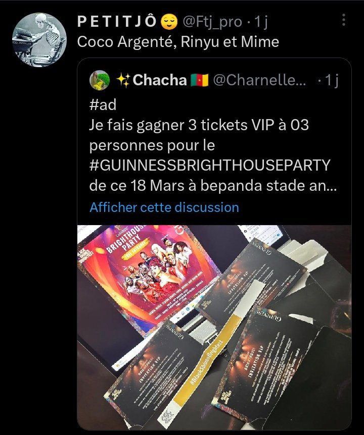 CharnelleKemda's tweet image. #ad

@ptj 
@Rv_Mathoux 
Si vous m'aidez à taguer Mariel 🙏🏼🙏🏼
Les 03 gagnants des tickets VIP pour le #GUINNESSBRIGHTHOUSEPARTY du 18Mars au stade annexe omnisport de bepanda

#BrightHouse
#Guinness
#BlackBrilleDansTout