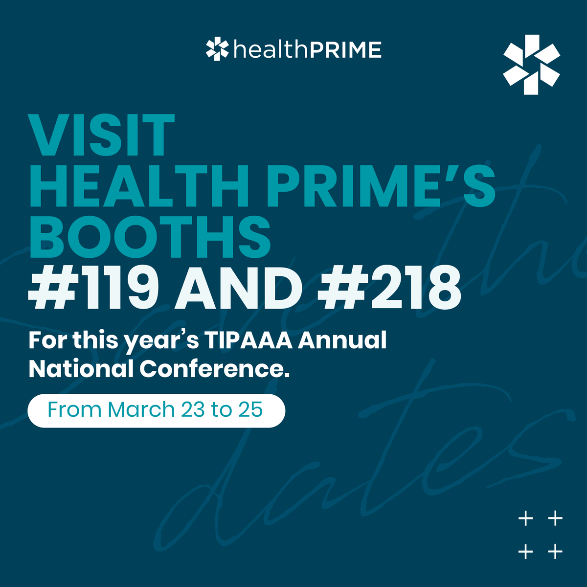 hpiinc's tweet image. Join us in booths #119 and #218 this March 23-25 for this year's #TIPAAA Annual National Conference. Health Prime is proud to participate in this event and contribute to the conversation on #RCM and #PracticeOptimization.
Save the date and visit us: hubs.li/Q01H93ng0