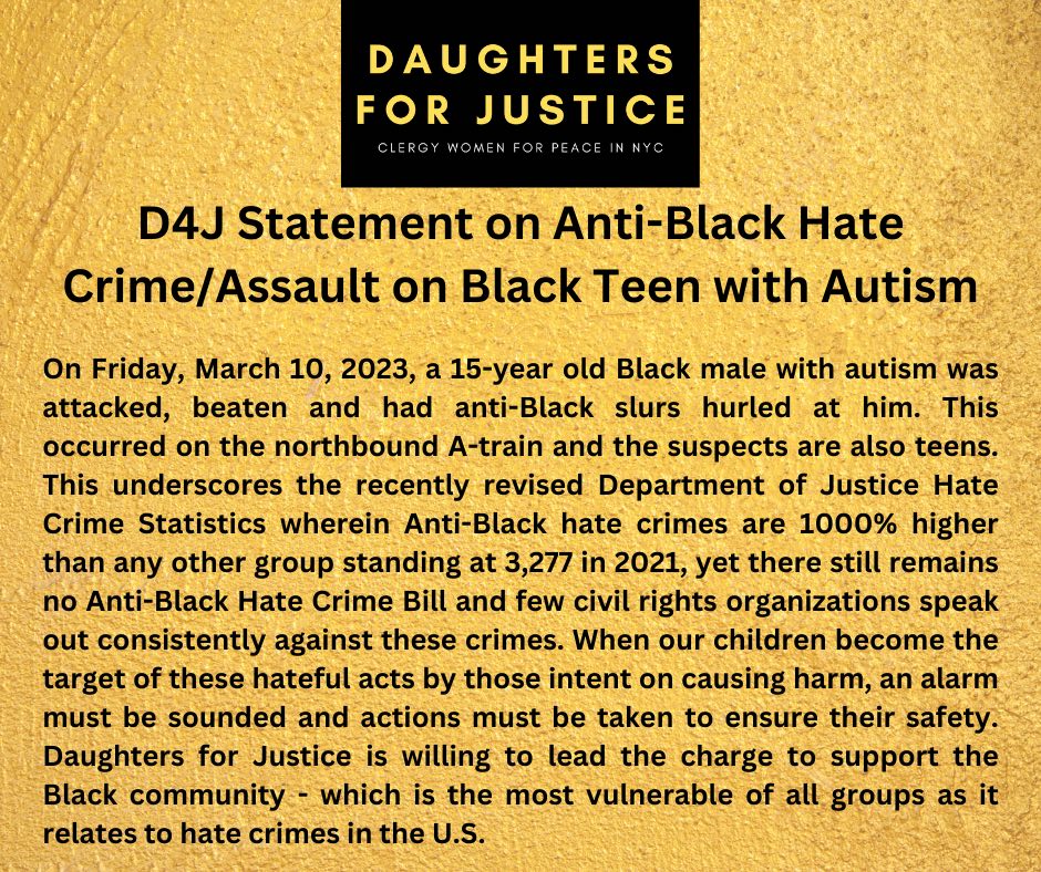 By now, many of you have seen the despicable video of the Black 15 year old autistic young man being beaten on the A-train in NYC. As a Founding member of @D4JNYC I boldly condenm this as  #AntiBlackRacism and a #HateCrime as defined by the FBI.