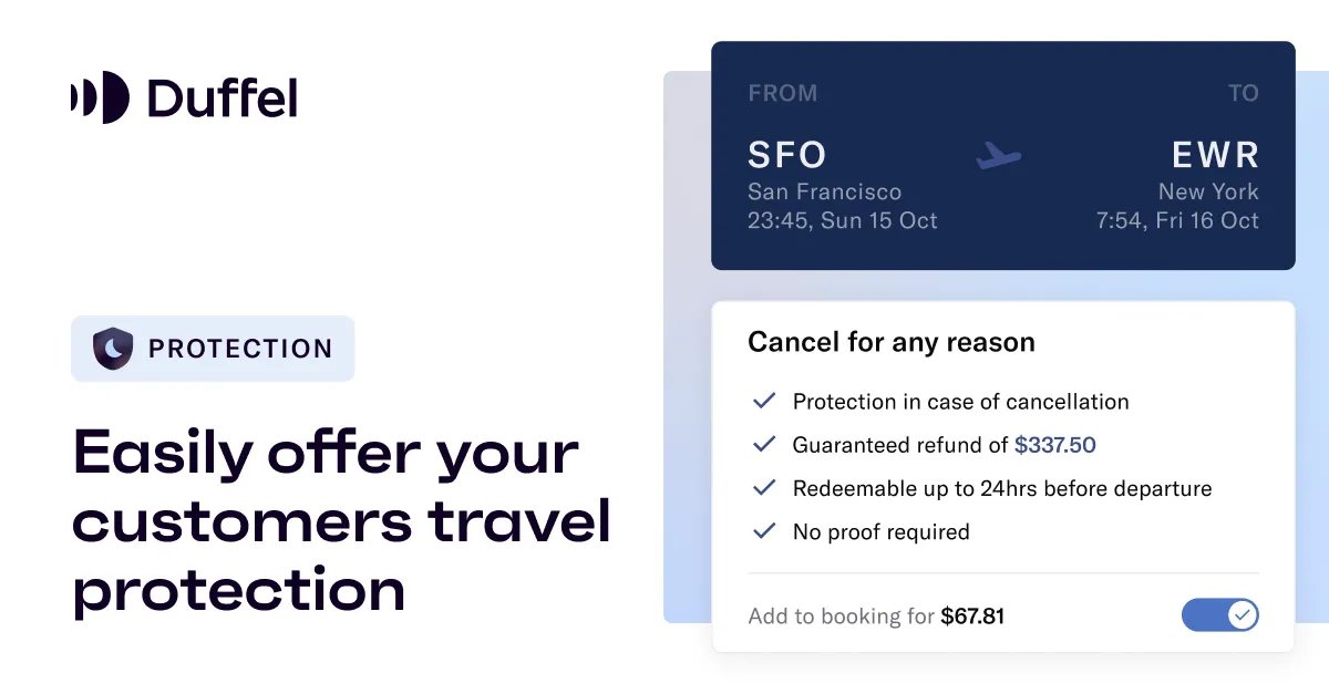 DuffelHQ's tweet image. Exciting news! We are thrilled to announce our latest suite of products available through our API: Protection. Our first travel protection product, Cancel For Any Reason, allows your customers to travel worry-free. Learn more here:
bit.ly/3FtfUxy