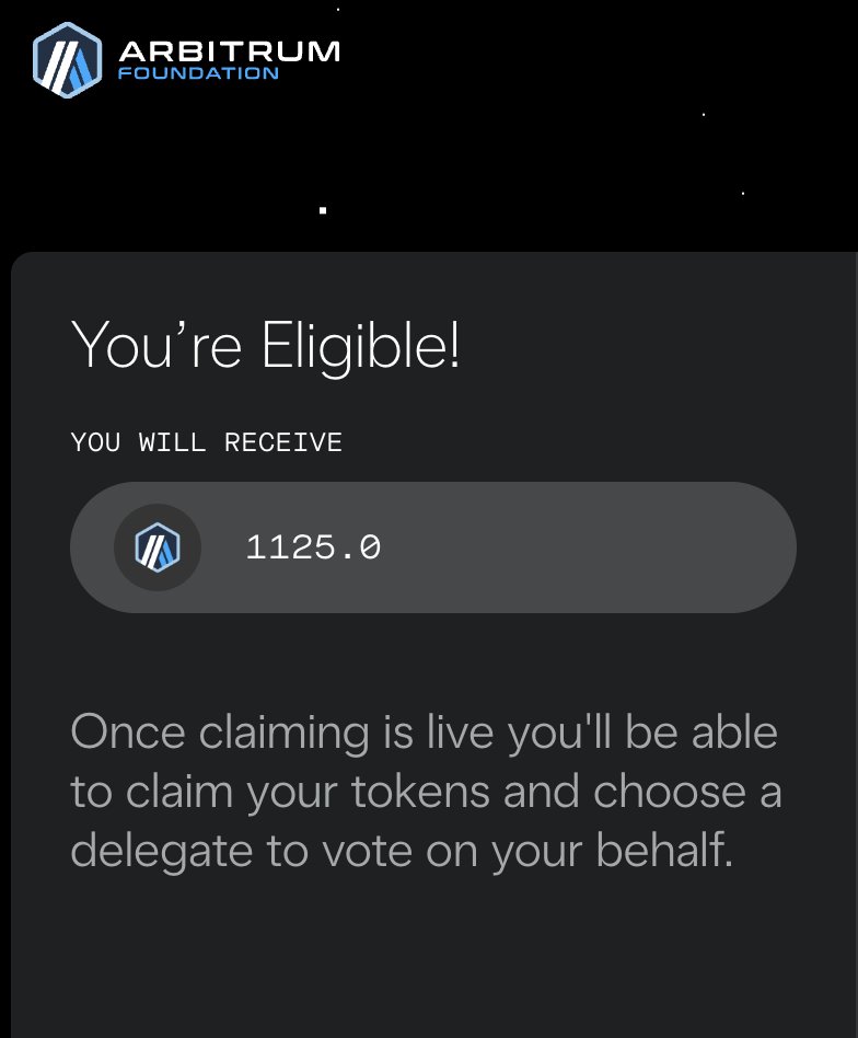 CHECK ELIGIBILITY FOR ARBITRUM's $ARB AIRDROP 🪂🔵🦅: 

🔗 arbitrum.foundation

Careful, scammers are probably already copying that landing page, always get your links from <a href="/arbitrum/">Arbitrum</a>