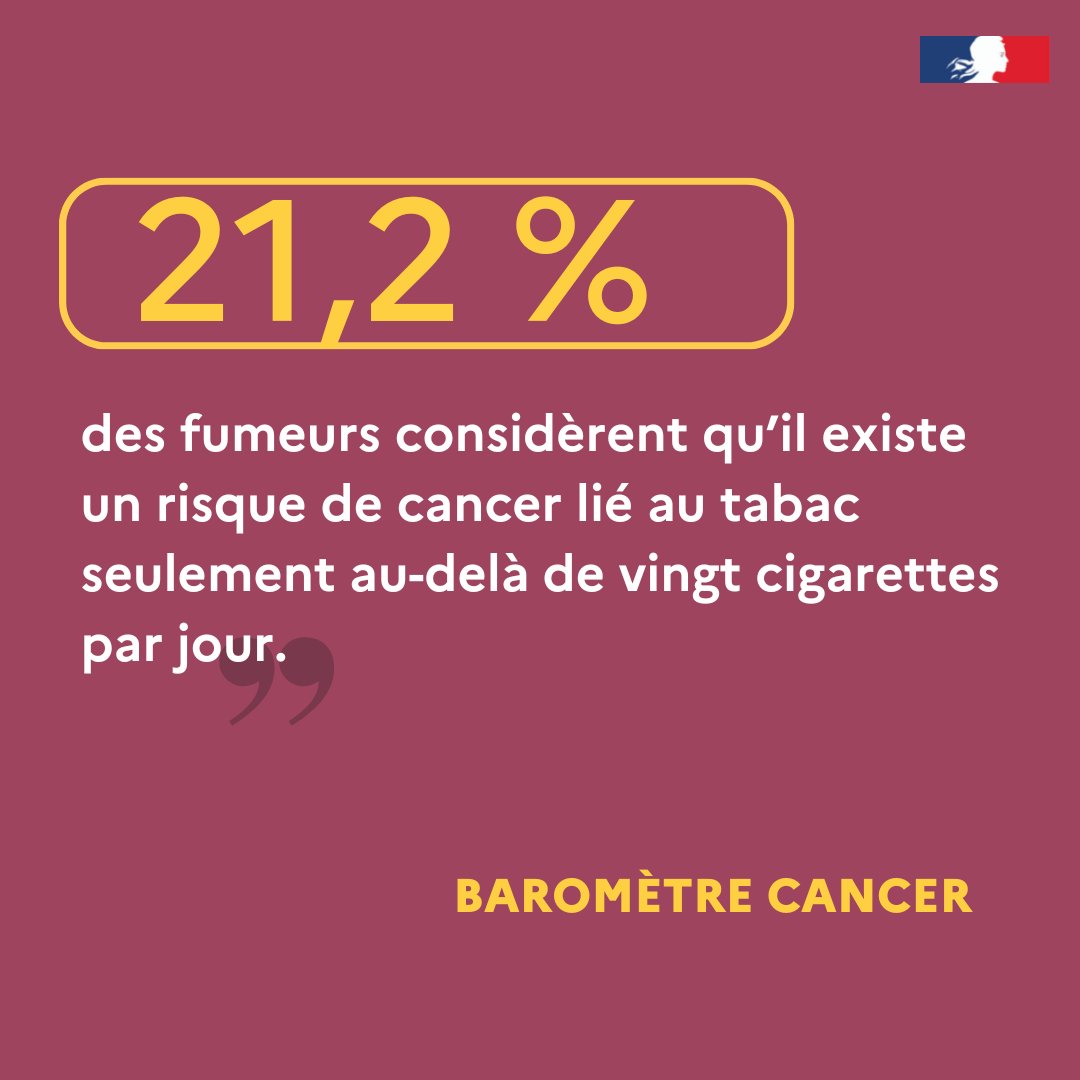 Par ex : 21,2  % des fumeurs considèrent qu’il existe un risque de cancer lié au tabac seulement au-delà de vingt cigarettes par jour. Or, il n’existe pas de seuil au-dessous duquel le risque de cancer est nul. 🚭