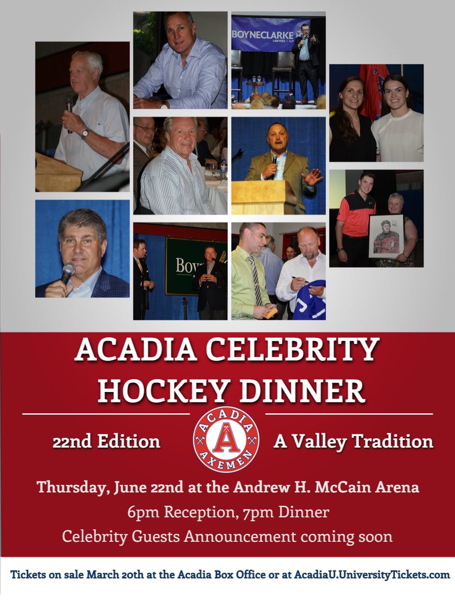 📢 We are proud to announce the return of a Valley Tradition, as the Acadia Hockey Celebrity Dinner returns for its 22nd edition on June 22nd. 

Tickets go on sale on Monday, with an announcement of our special guest.

This is an event that you do not want to miss! 📢 #GoAcadiaGo