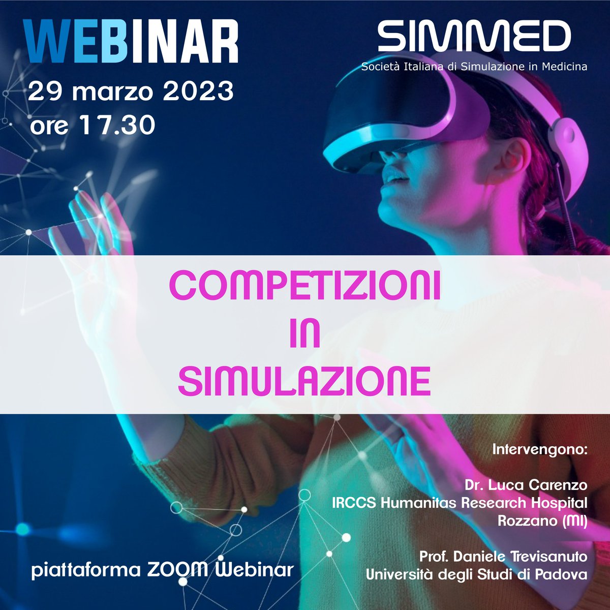 SIMMED_Italia's tweet photo. 📣Il 29 marzo 2023, alle ore 17.30, si terrà il webinar "Competizioni in simulazione", organizzato da @SIMMED.
Interverranno il Dr. Luca Carenzo e il Prof. Daniele Trevisanuto.
Prenota il tuo posto👉https://t.co/oVcIzNrhoS
#webinar #simulation #simmed https://t.co/zlkjmUggQg