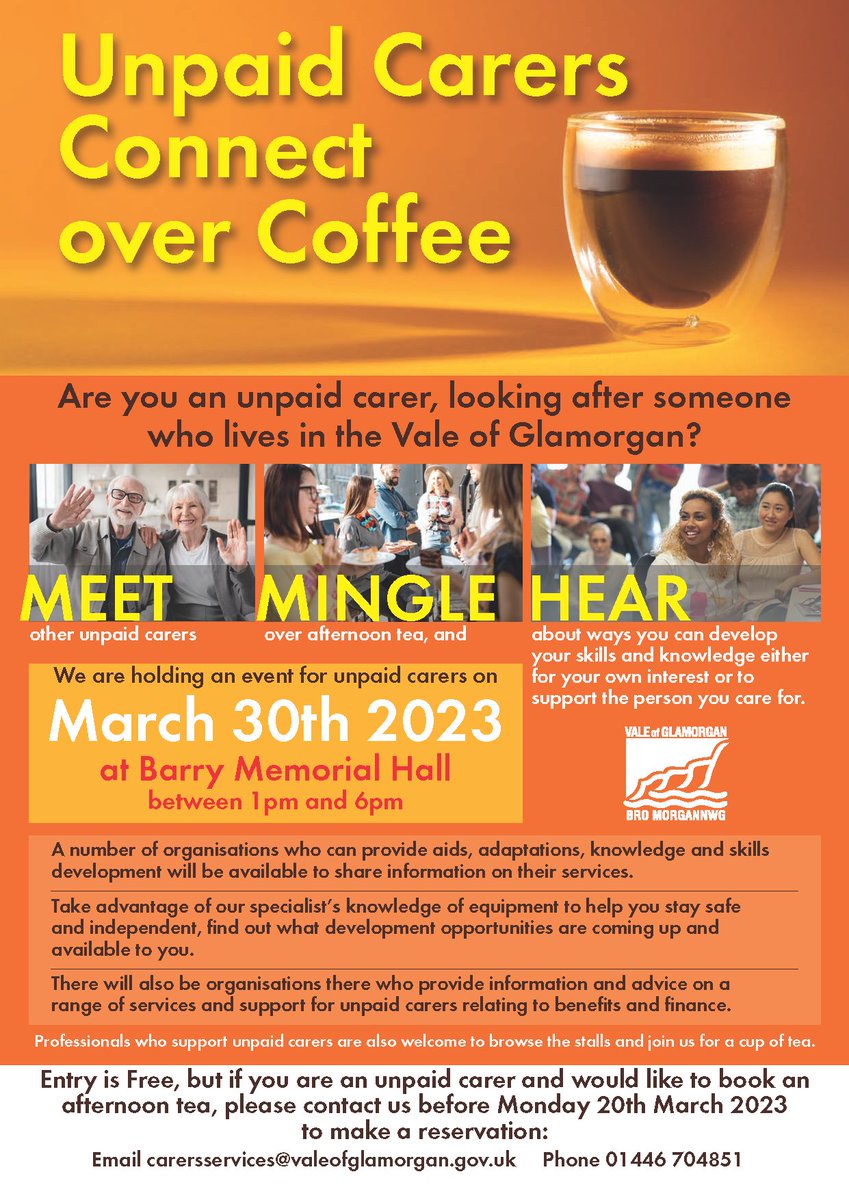 CardiffValeCAB's tweet photo. Are you an unpaid carer, looking after someone who lives in the Vale of Glamorgan?

Join @VOGcouncil's Carer's Service at @BarryMemo to meet other carers and learn about ways you can develop your skills and knowledge to support the person you care for. https://t.co/462yW29SzS