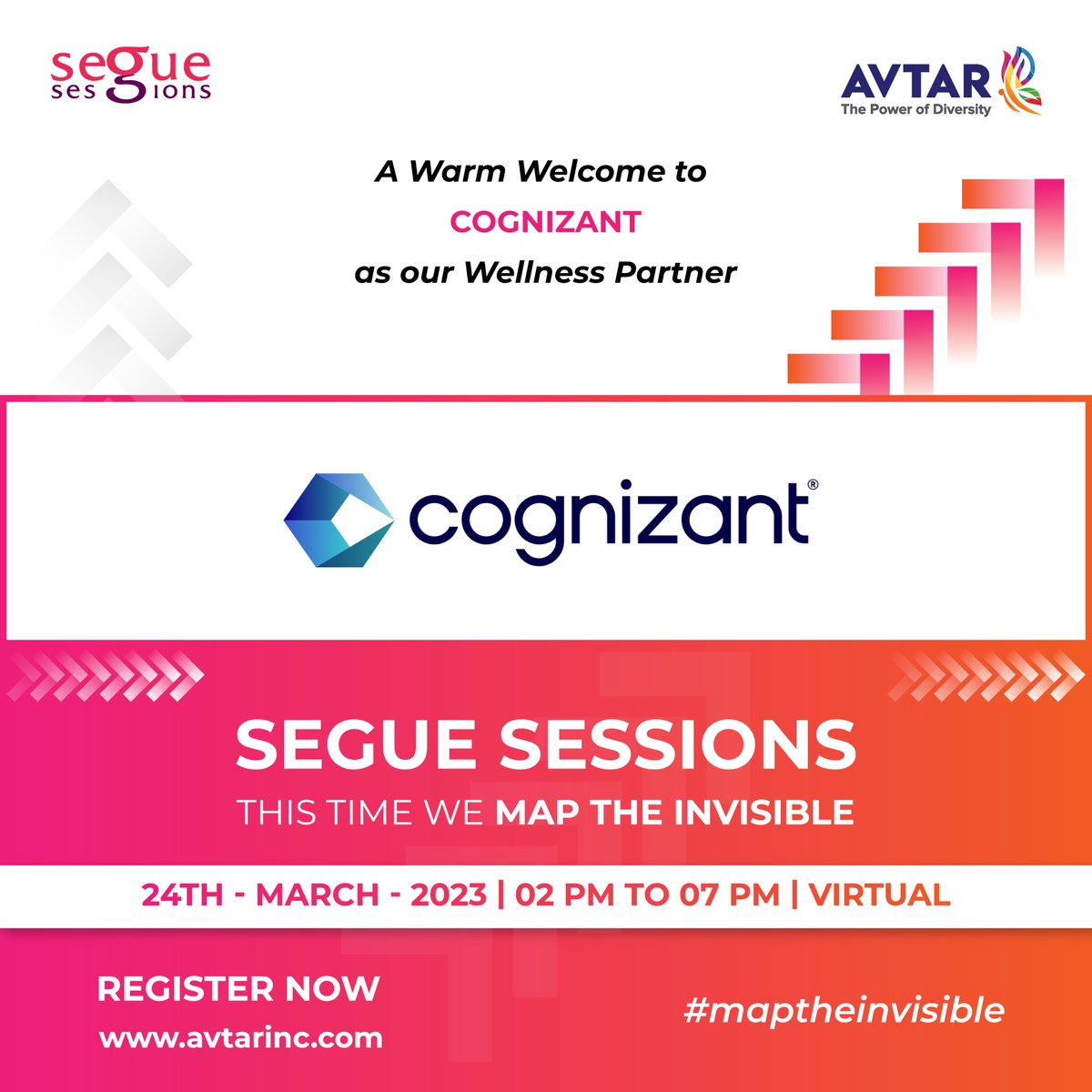 avtarcc's tweet photo. We are thrilled to welcome @Cognizant as our Wellness Partner for Segue Sessions 2023. Welcome to a one-of-a-kind conference that aims to #MapTheInvisible for women professionals to grow and advance in their careers. (1/3) https://t.co/BI85IU29rB