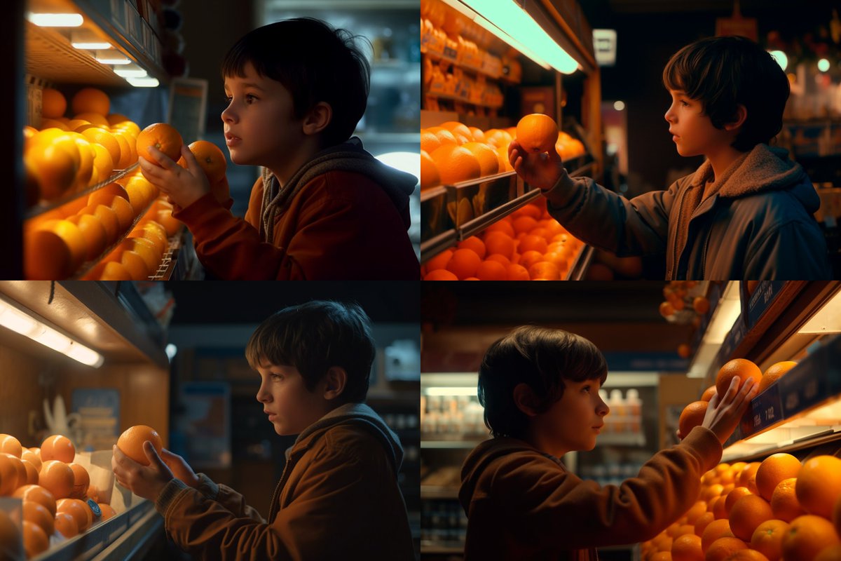 DotCSV's tweet photo. El realismo que logra Midjourney v5 es impresionante y decían que esta nueva versión sería más difícil de controlar. Pero estoy notando es que pidas lo que le pidas, sin prompts complejos, funciona bien.

"a movie still of a kid trying to still an orange from a store, warm light" https://t.co/orfZ4wWOYT