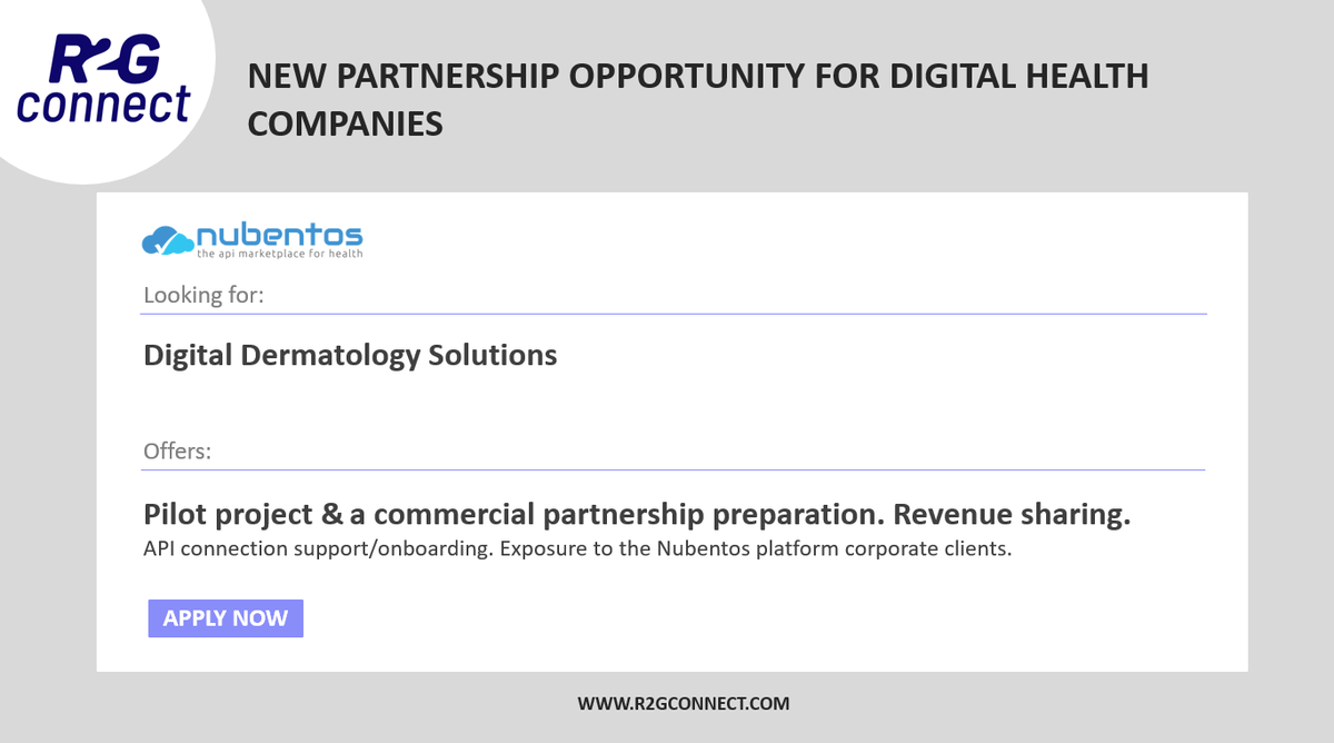 r2guidance's tweet photo. A new #digitalhealth partnership opportunity on #R2GConnect 
🤝 @nubentos The API Marketplace For Health SL, is looking for successful digital #dermatology solutions for a #commercialpartnership &amp; a #pilot project 
To learn more and apply: https://t.co/8Y7Rubzah3 https://t.co/9S1AQToEhx