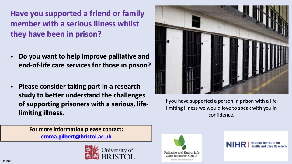 Emma Gilbert (@late__fragment) on Twitter photo Have you supported somebody with a serious, life-limiting illness while they are in prison? Recruiting participants for a new study to improve prison healthcare #prison #prisonhealthcare #hospice #eol #palliativecare Have you supported somebody with a serious, life-limiting illness while they are in prison? Recruiting participants for a new study to improve prison healthcare #prison #prisonhealthcare #hospice #eol #palliativecare