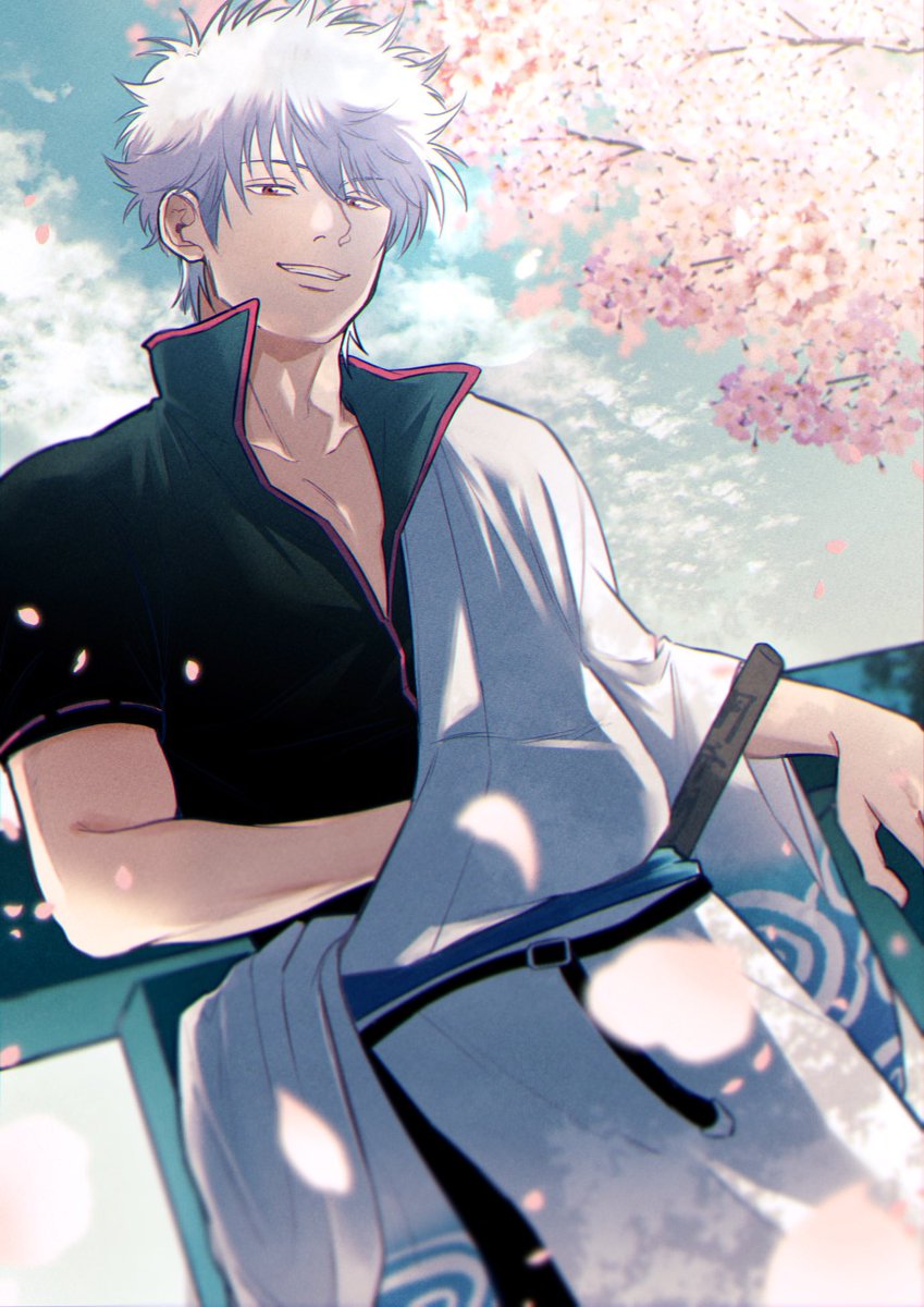 sakata gintoki 1boy male focus solo white hair cherry blossoms short sleeves petals  illustration images