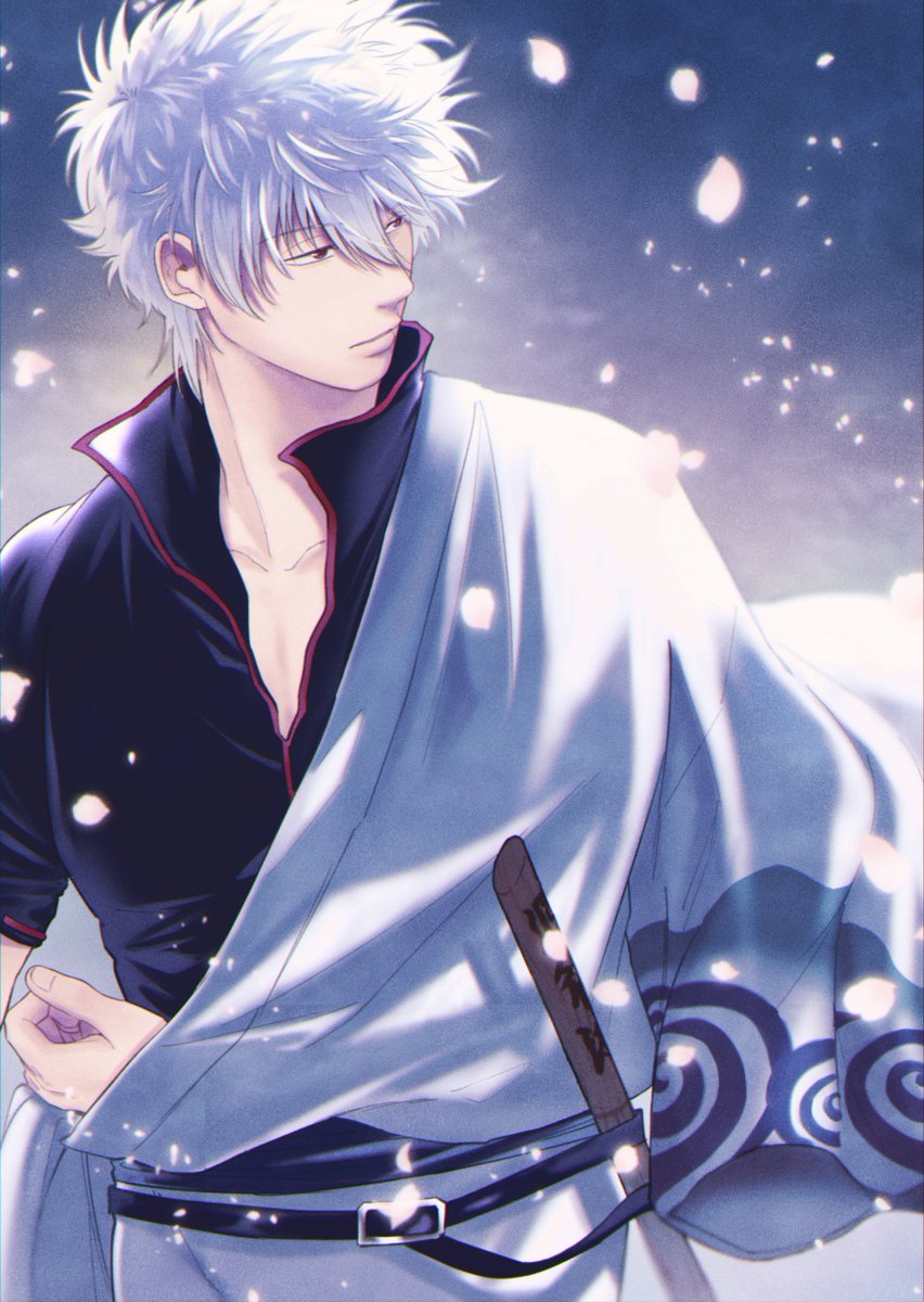 sakata gintoki 1boy male focus solo white hair cherry blossoms short sleeves petals  illustration images