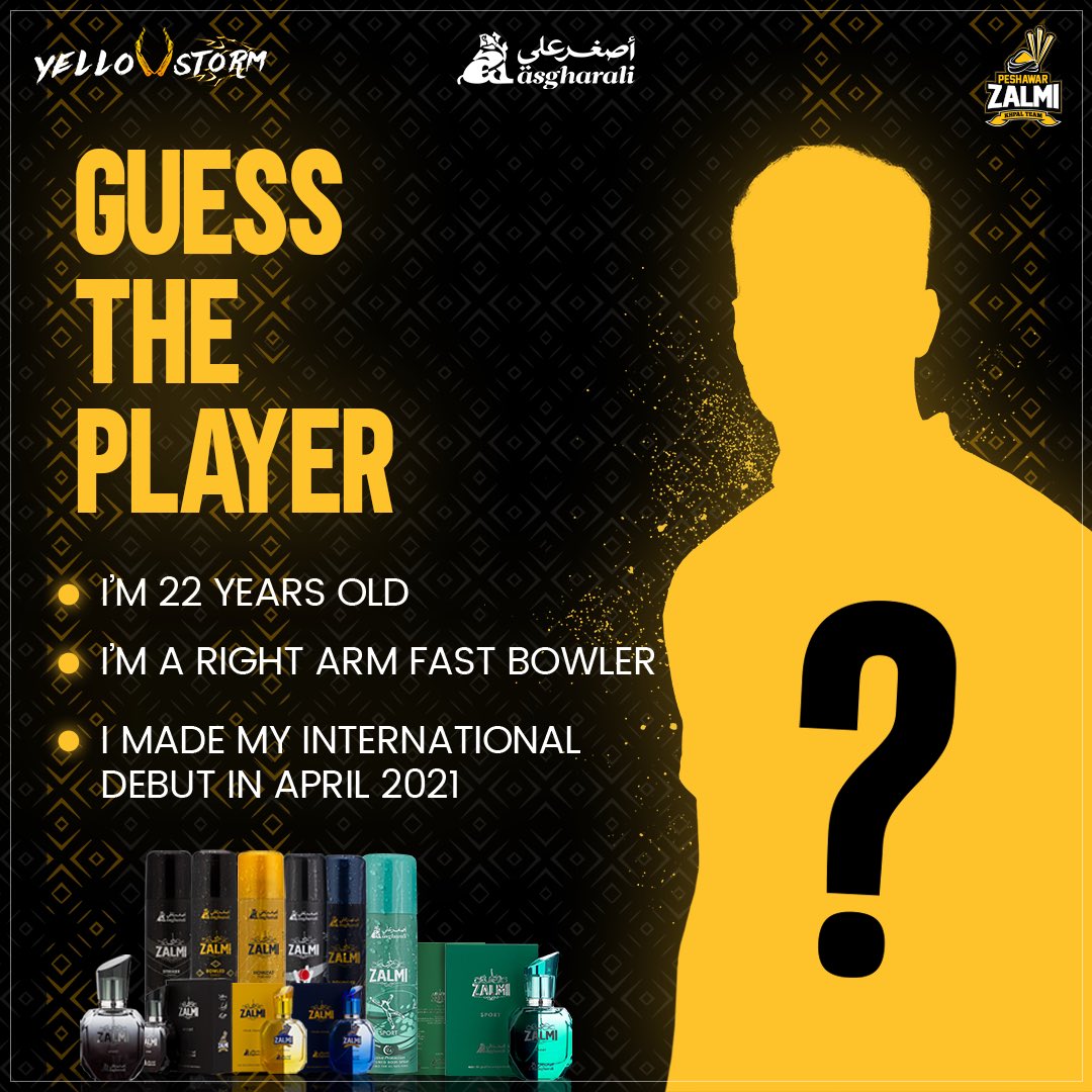 PeshawarZalmi's tweet image. 🟡⚫️ GIVEAWAY 🎁 

Predict &amp;amp; Win - Guess the Zalmi player and get a chance to win Zalmi perfumes &amp;amp; deodorants by @AsgharaliCo 🌬️

Rules for participation: 

Tag 3 friends. 
Comment your answer. 
Share the post. 

#Zalmi #YellowStorm #ZalmiRaalal #ZKingdom #ZalmiDeluxe #HBLPSL8