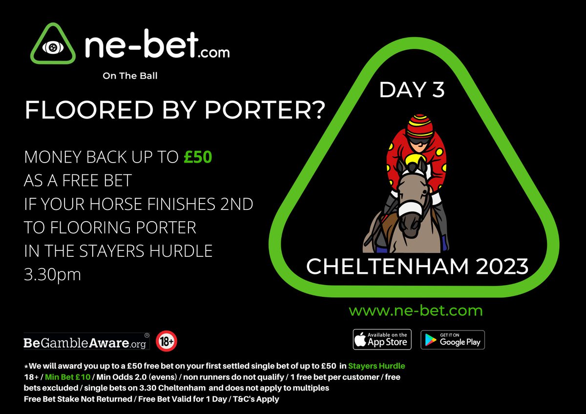 NEBET16's tweet photo. Can Flooring Porter complete the hatrick in the Stayers Hurdle?
#cheltenhamfestival2023 #horseracingbets #cheltenhamraces #horseracingbets #horseracing #onlinespsortsbook #nebetsportsbook #BestOddsGuaranteed #stayershurdle #flooringporter https://t.co/i4xAevxDJs