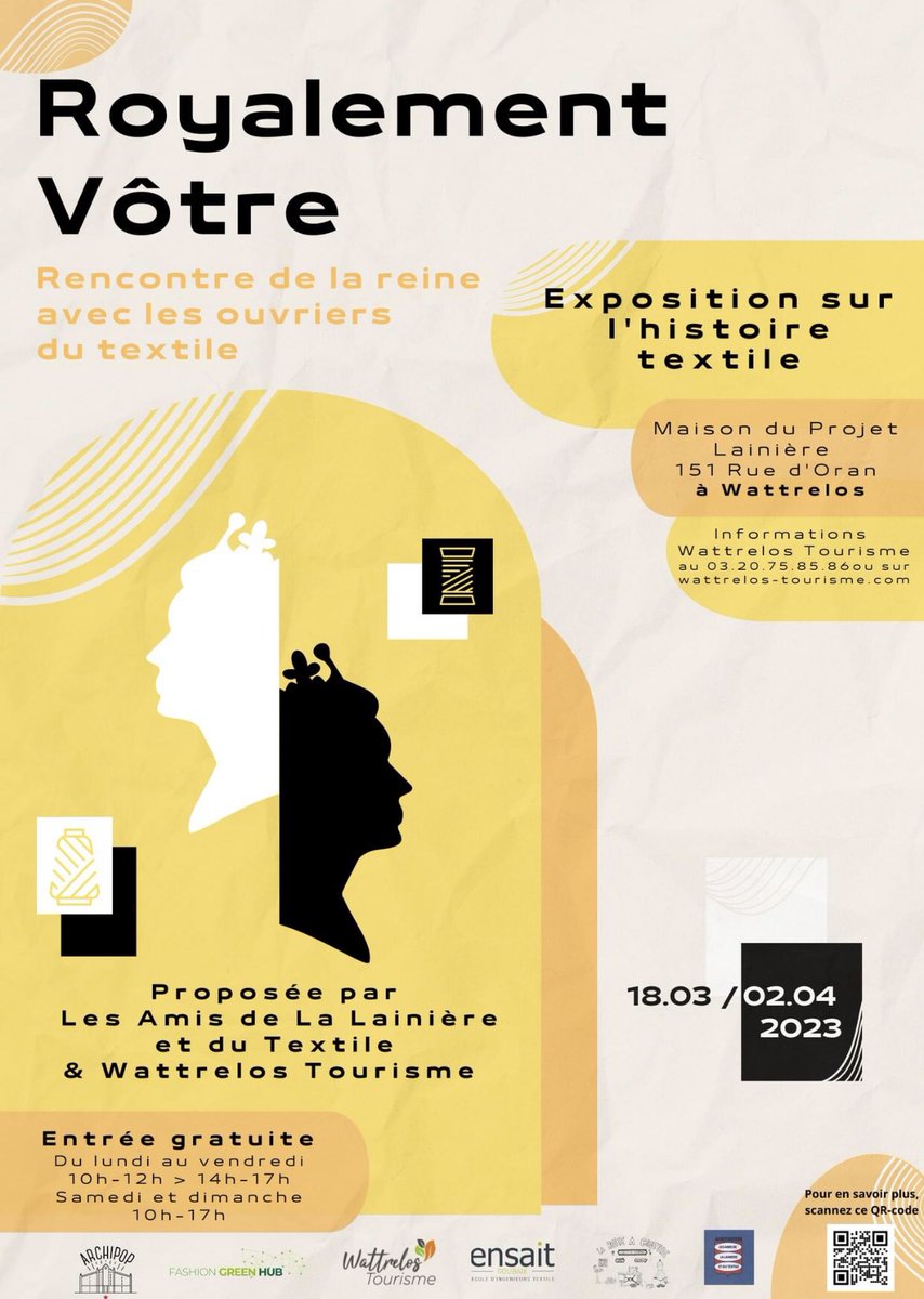 Exposition « Royalement Vôtre » à <a href="/Wattrelos/">Stéphane Wattrelos</a> 

Exposition retraçant la venue de la Reine sur le site de la Lainière de Roubaix en 1957

Entrée gratuite 
Du 18 mars au 2 avril 2023

Tout savoir : urlz.fr/kFOw

#exposition #textile #souvenir