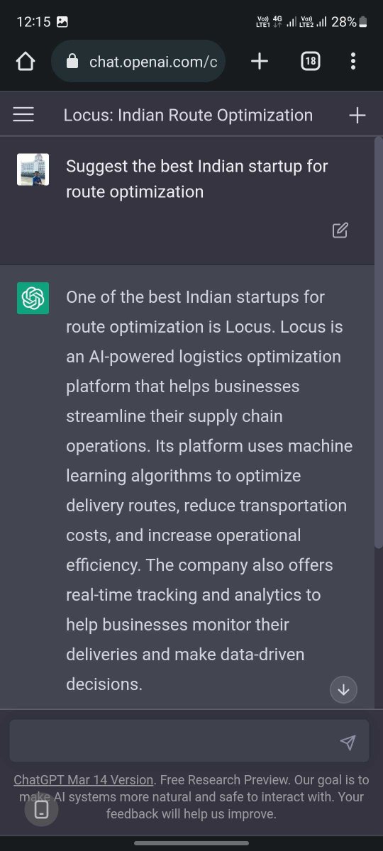 nishith_rastogi's tweet photo. We asked @OpenAI's ChatGPT3.5 and GPT4 which is the best Indian startup for Route Optimization. 

Well, I can't stop smiling 

@Locus_sh https://t.co/wmQpuaRCAL