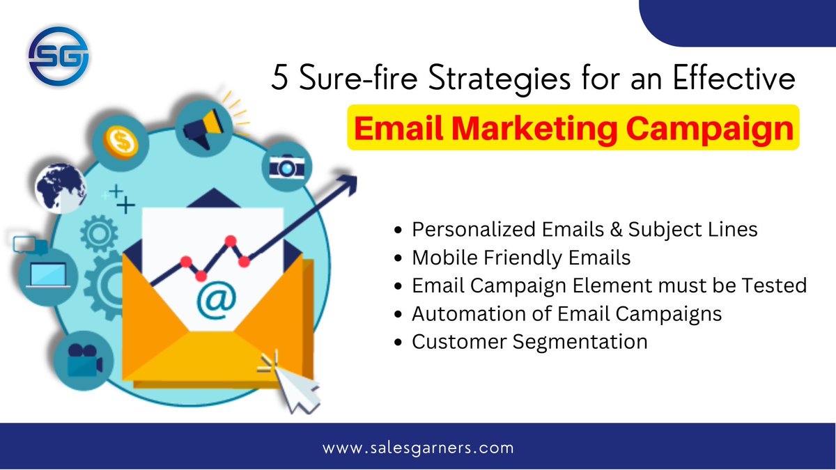5 Sure - fire Strategies for an Effective
Email Marketing Campaign

Visit us:- salesgarners.com

#SalesGarners

#Marketing #emailmarketing #marketingstrategy #MarketingDigital #emails #businessgrowth #GrowthHacking #leadgenerationservices #emailmarketingcampaign