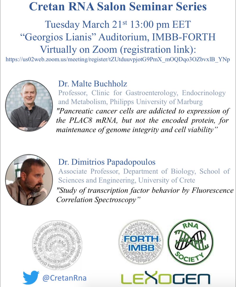CretanRna's tweet photo. 📢Getting ready for two exciting talks on Tuesday 21st of March 12:00 CET! We are hosting Dr. Malte Buchholz, Uni. of Marburg and Dr. Dimitris Papadopoulos, UoC. Looking forward, thanks to @RNAsociety @lexogen https://t.co/kP24QT0u7O https://t.co/f4W3LnGtms