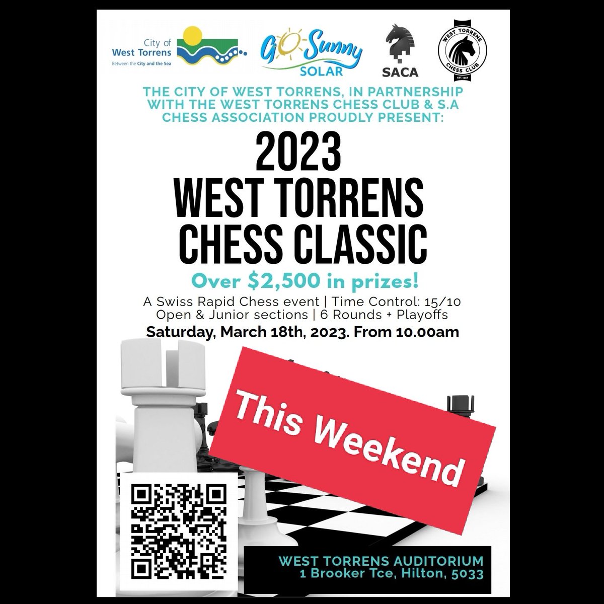 sachessau's tweet photo. The West Torrens Chess Classic is this weekend. It's almost sold out but there are a few tickets left.
Food &amp; drink will be available all day (included in entry fees).
Car parking is available at the venue.
Games start at 10am. Get there early. #SACAchess 
https://t.co/ufpcLryZ3S https://t.co/LN6ZSCLEFq