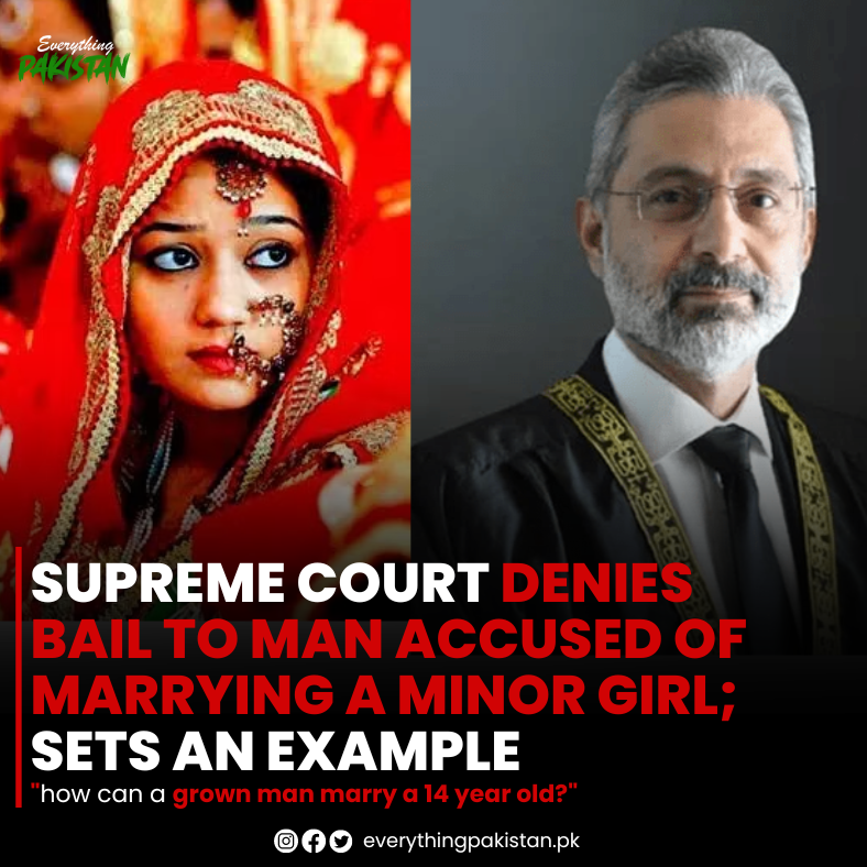 In what seems to be an exemplary move, Supreme Court of Pakistan has rejected bail for Syed Zafar Ali accused of marrying 14.5 years old minor

#JusticeQaziFaezIsa #SupremeCourtofPakistan #minor #childmarriage #ChildMarriageAct #childabuse #bail #Pakistan #everythingpakistan